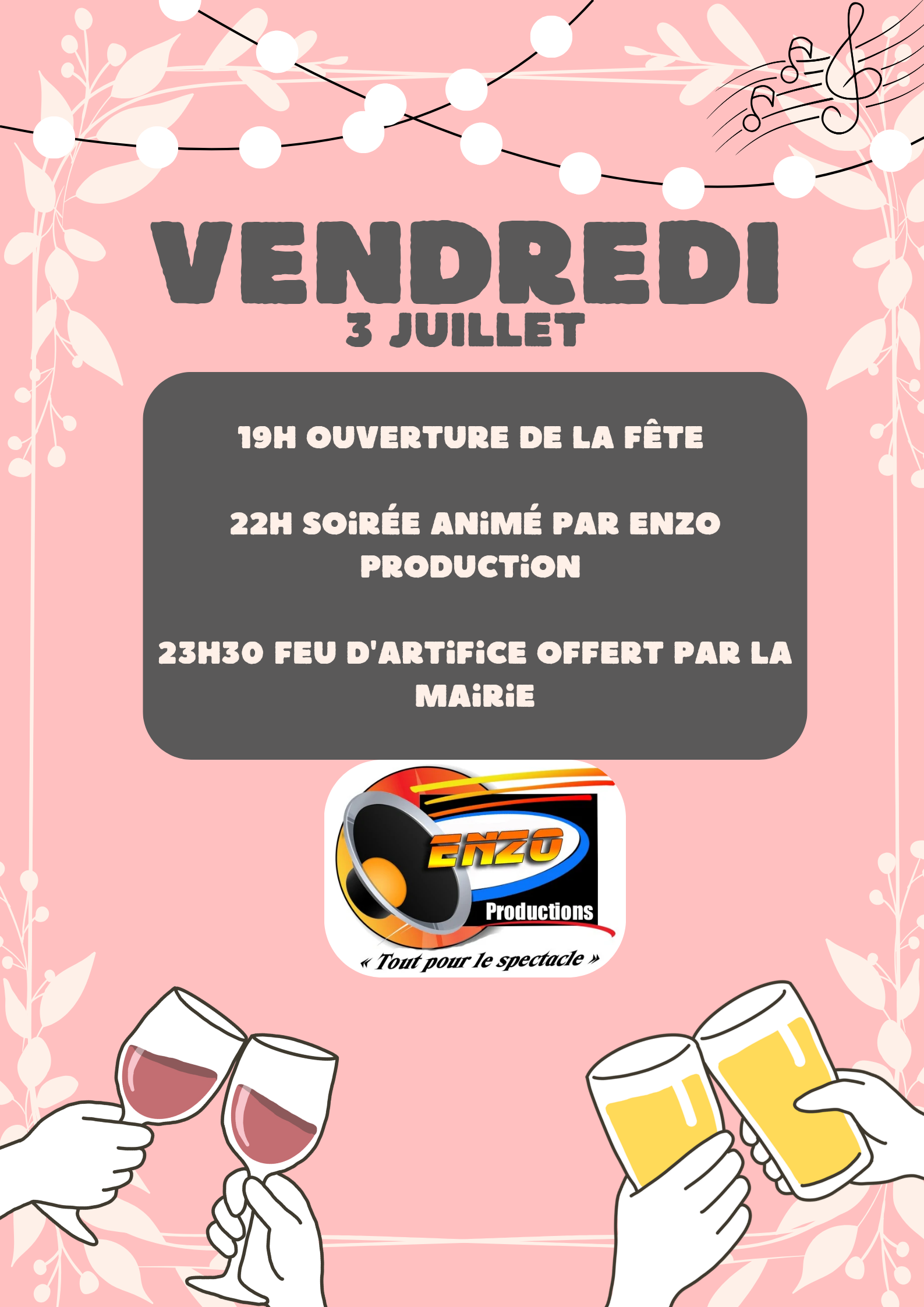 Affiche spécifique pour le programme de Vendredi, rose avec des dessins de verres, reprenant les infos de l'événement : Fête locale de Montjoire
